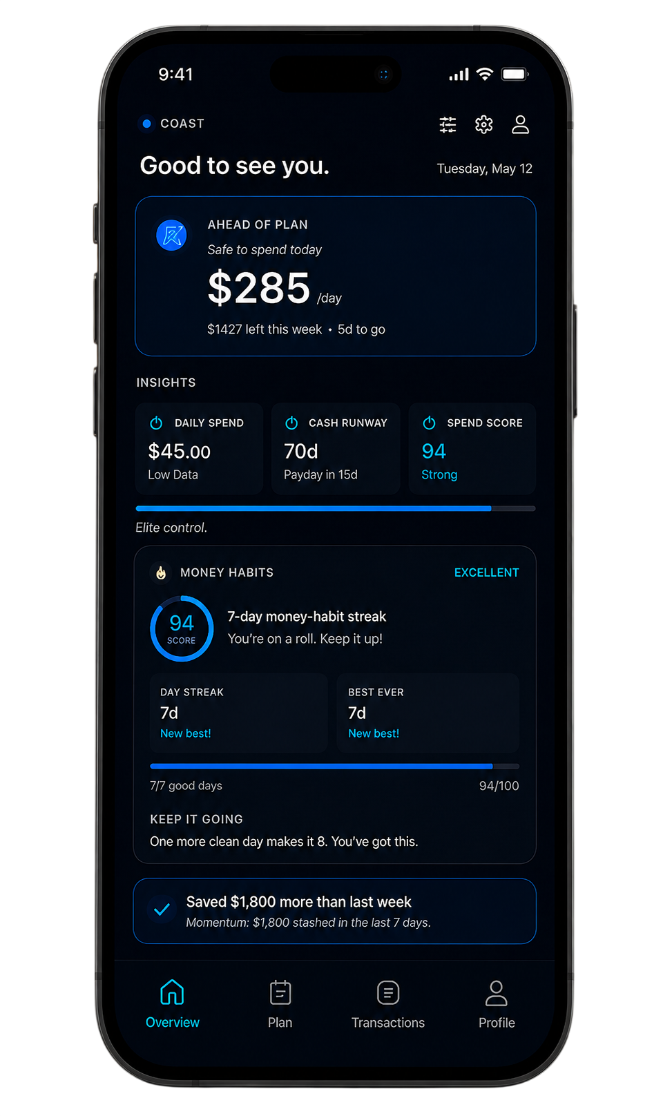 Coast app shown on a phone with safe-to-spend, insights, and money habits